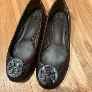 Tory Burch Dark Brown Quilted Leather Ballet Flats
